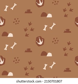 Dinosaur footprint seamless pattern. Background with paw, claw, steps, track, bones, stones. Dino feet. Jurassic animals illustration. Vector texture for kids textile, paper, apparel.