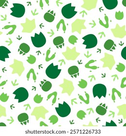 Dinosaur footprint seamless pattern background. Cartoon vector green ancient dino reptile animal paw prints impression on ground. Jurassic era archaeological and paleontology fossil of prehistoric era