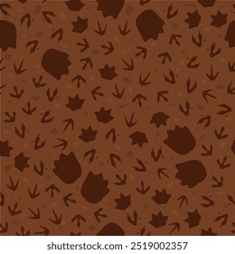 Dinosaur footprint seamless pattern. Cartoon vector background with prehistoric dino fossil, ancient reptile animal paw prints. Wallpaper with Jurassic era archaeological and paleontology finds