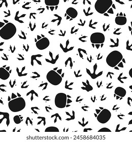 Dinosaur footprint seamless pattern. Vector background of dino foot print and paw track silhouettes. Jurassic animal traces monochrome pattern with prehistoric monsters footprints, dinosaur paw tracks