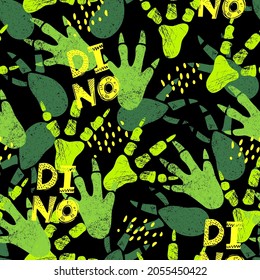 Dinosaur footprint tracks. Grunge 
 abstract seamless pattern. Background with paw, claw predator. Print illustration perfect for textile, wrap and wallpaper and design