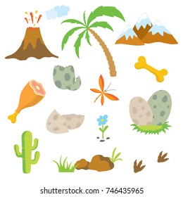 Dinosaur Footprint, Volcano, Palm Tree, Stones, Eggs, Bone And Cactus.