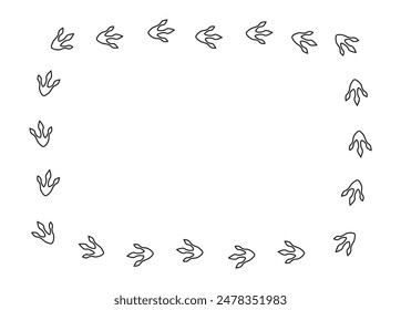 Dinosaur footprints frame. Rectangular border of dragon footprints. Vector doodle illustration isolated on white background.