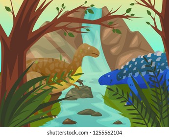 Dinosaur at forest or meadow with waterfall. Velociraptor and stegosaurus near tree and mountain or rock. Prehistoric and ancient wildlife at nature. Cartoon carnivore animals and nature theme