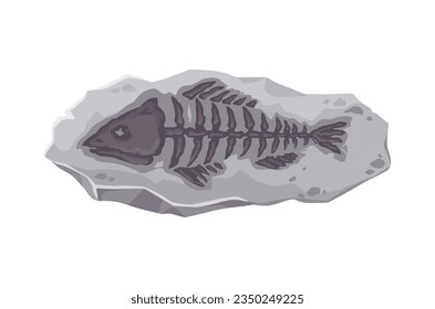 Dinosaur fossil, ancient fish skeleton stone imprint. Prehistoric sea animal vector silhouette in gray rock. Cartoon underwater fossil of paleontology museum, fish skeleton with head, bones and tail