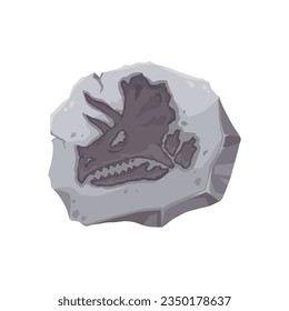 Dinosaur fossil, ancient stone triceratops skull imprint. Cartoon dino skeleton in gray stone, Jurassic animal head bones vector silhouette with teeth, horns. Prehistoric reptile fossil, paleontology