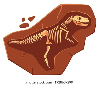 Dinosaur fossil bones. Ancient animal bones in ground. Fossil Tyrannosaurus.  Archaeological excavations. Jurassic ages. Paleontology, archaeology science items. Vector