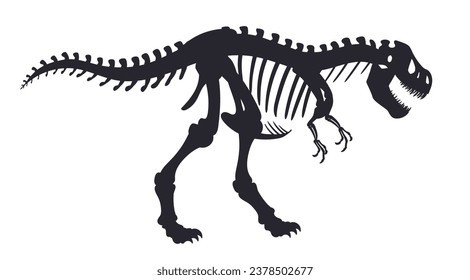 Dinosaur fossil bones. Jurassic t-rex dino skeleton silhouette, archaeological tyrannosaurus fossil flat vector illustration. Ancient raptor skeleton