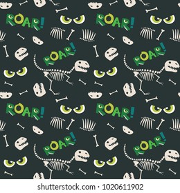 Dinosaur Fossil Bones And Scary Eyes Seamless Pattern Dark Background Vector Illustration