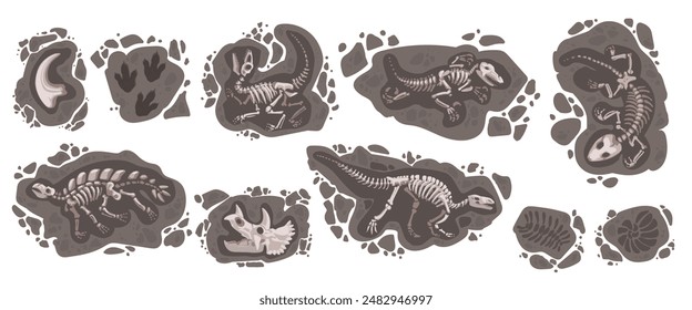 Dinosaur fossil. Dino footprint. Archaeology stone. Prehistory evolution. Jurassic animal. 3D ancient bones in soil. Tyrannosaurus paw silhouette. Ground excavation. Vector cartoon paleontological set