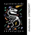 Dinosaur fossil illustration with various modern life objects around. Art for printing on t-shirts, decoration, etc...