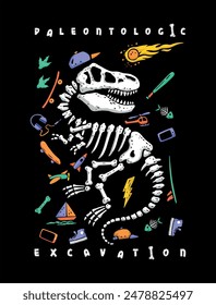 Dinosaur fossil illustration with various modern life objects around. Art for printing on t-shirts, decoration, etc...