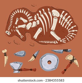 Dinosaur fossil paleontology skeleton archeology jurassic ancient concept. Vector flat graphic design illustration
