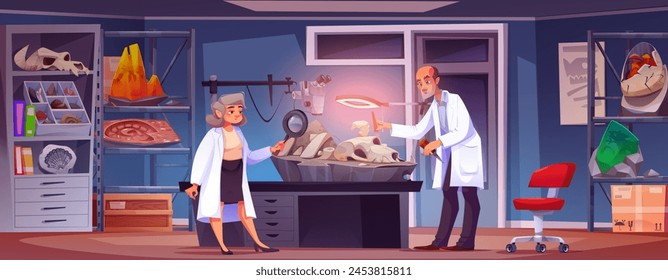 Dinosaur fossil in scientist lab room cartoon. Paleontologist man and professor woman research and examine scientific evidence on desk with lamp and magnifier. University palaeontology place interior