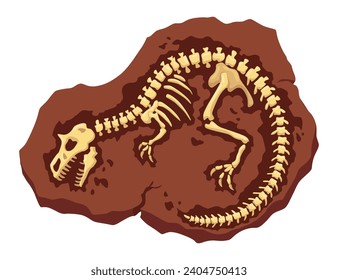 Dinosaur fossil skeleton bones, excavations of archeology isolated. Prehistoric reptile skeletons lying underground. Cartoon paleontological artifact