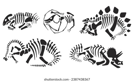 Dinosaur fossil skeleton silhouette animal skull isolated set. Vector flat graphic design illustration