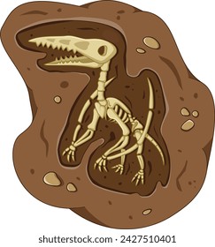 Dinosaur fossil skeleton in the soil, archeological excavation cartoon style of illustration