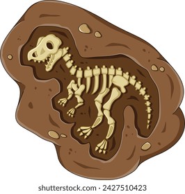 Dinosaur fossil skeleton in the soil, archeological excavation cartoon style of illustration