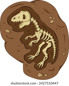 Dinosaur fossil skeleton in the soil, archeological excavation cartoon style of illustration