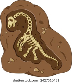 Dinosaur fossil skeleton in the soil, archeological excavation cartoon style of illustration