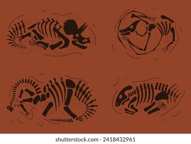 Dinosaur fossil skeleton under ground ancient bone paleontology isolated set. Vector doodle line style design element