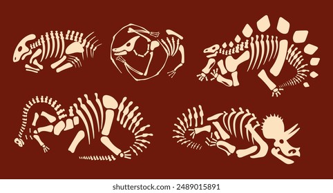 Dinosaur fossil skeleton under ground ancient bone paleontology isolated set. Vector doodle line style design element