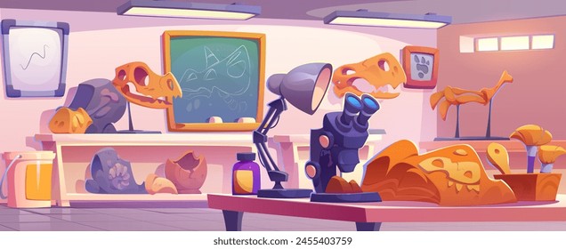 Dinosaur fossil and stone in archaeology museum or lab. Ammonite, footprint and prehistoric evidence of evolution. Animal skeleton, bone and reptile analysis in university laboratory with magnifier