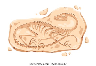 Piedra fósil de dinosaurios. Arte arqueológico prehistórico sobre roca con huella fosilizada, huella antigua de dino, silueta esquelética de reptiles. Ilustración vectorial de caricatura plana aislada en fondo blanco