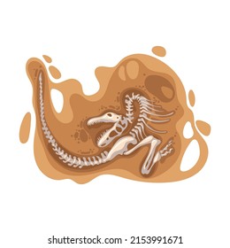 Dinosaur fossil vector illustration. Bones or skeleton of prehistoric reptiles found underground during excavations isolated on white background. Archeology, paleontology