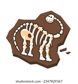 Dinosaur fossil vector illustration. Cartoon isolated jurassic dino character silhouette inside underground stone, skeleton bones and skull of prehistoric dead animal, old mesozoic extinct monster