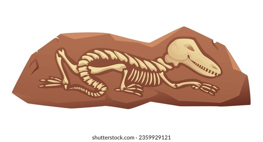 Dinosaur fossil vector illustration. Cartoon isolated jurassic dino character silhouette inside underground stone, skeleton bones and skull of prehistoric dead animal, old mesozoic extinct monster.