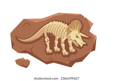 Dinosaur fossil vector illustration. Cartoon isolated jurassic dino character silhouette inside underground stone, skeleton bones and skull of prehistoric dead animal, old mesozoic extinct monster.