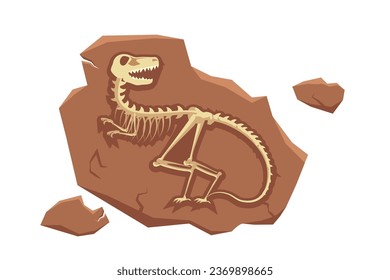 Dinosaur fossil vector illustration. Cartoon isolated jurassic dino character silhouette inside underground stone, skeleton bones and skull of prehistoric dead animal, old mesozoic extinct monster.