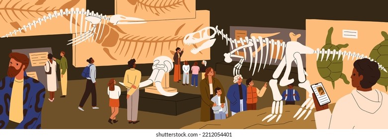 Dinosaur fossils exhibit in paleontology and archeology science museum. Children and parents looking at dino skeletons, prehistoric bones at Jurassic period exhibition. Flat vector illustration