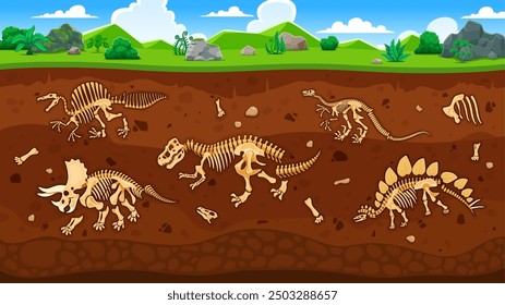 Dinosaur fossils in ground layers. Cartoon vector soil cross section view with ancient dino bones and skeletons. Archaeological and paleontological excavations. Studies of prehistoric animals relics