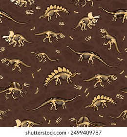 Dinosaur fossils seamless pattern features dino bones and skeletons arranged on a brown, textured soil background. Vector tile, wallpaper or textile with cartoon skeletal structures of dinosaurs