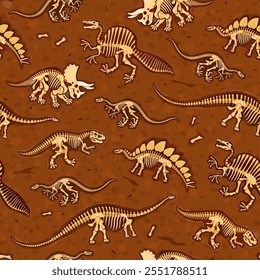 Dinosaur fossils seamless pattern. Vector tile, wallpaper or textile with cartoon skeletal structures of dinosaurs features dino bones and skeletons arranged on a brown, textured soil background