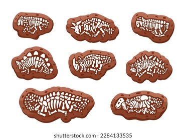 Los fósiles de dinosaurios son esqueletos. Triceratops, Tyrannosaurus, Kentrosaurus, Brahiosaurus, Velociraptor, Stegosaurus, Parasaurolophus. Paleontología