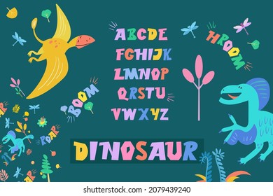 Dinosaur freehand color vector font, symbols. Cute english alphabet. Abstract illustration with text isolated on dark background.