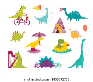 Dinosaur funny set vector illustration. Cute T-rex cartoon style. Dino colorful character isolated on white background