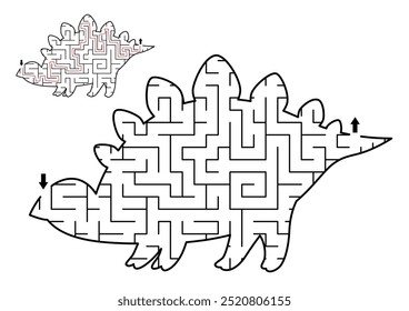 Dinosaur geometrical maze with for kids. Preschool printable activity shaped as stegosaur. Dino land labyrinth game for children. Cute prehistoric animal puzzle with answer
