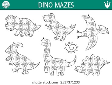 Dinosaur geometrical maze set for kids. Prehistoric preschool printable activity shaped as triceratops, t-rex, pterosaur, stegosaur, brachiosaur. Dine land labyrinth game or puzzle collection