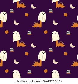 Dinosaur ghost cartoon so cute. On grave moon pumpkin purple background. Happy Halloween. Pattern seamless vector illustration. 