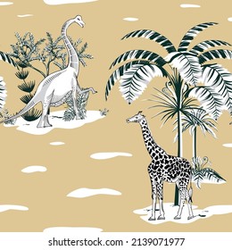 Dinosaur and giraffe in tropical plants. Vector, pattern, seamless, graphic.