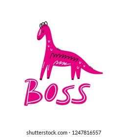 Dinosaur girl boss. Baby stylish art, doodle style picture. Vector illustration.