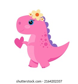 Dinosaur girl cute pink character. Vector illustration.