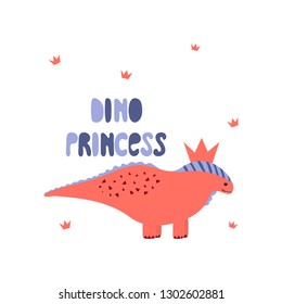 Dinosaur girl cute print. Cool dino princess with crown illustration for nursery t-shirt, kids apparel, invitation, child design. Text slogan vector