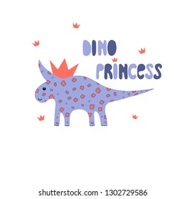 Dinosaur girl cute print. Cool dino princess with crown illustration for nursery t-shirt, kids apparel, invitation, child design. Text slogan.