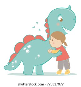 Dinosaur and the girl hugging. Vector illustration. Can be used for logo design, birthday celebration invitation and greeting card, t shirt print, mug print and print on various kids products.
