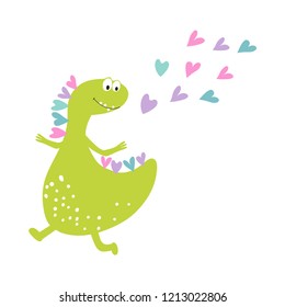 Dinosaur girl jumping and dancing with happiness. Printing of children's cards, Souvenirs, children's fashion. Vector illustration
